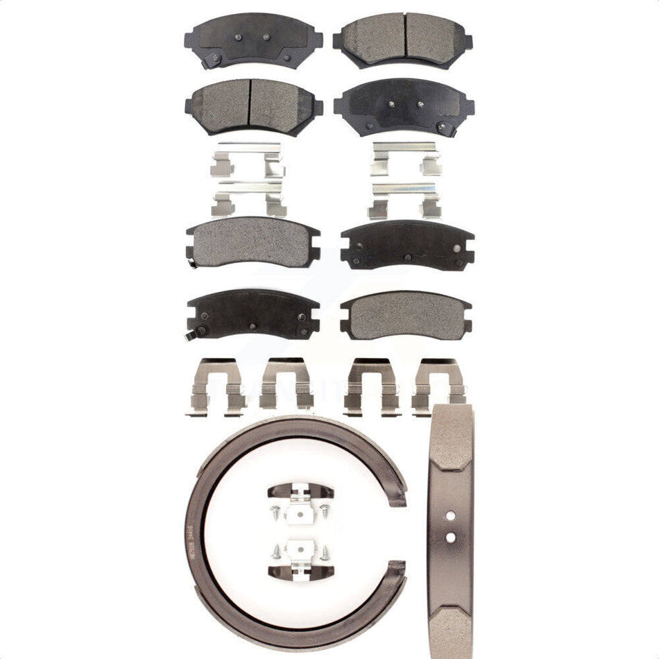 Front Rear Semi-Metallic Brake Pads And Parking Shoes Kit For 2000-2005 Cadillac DeVille With 5 Lug Wheels KFN-100656