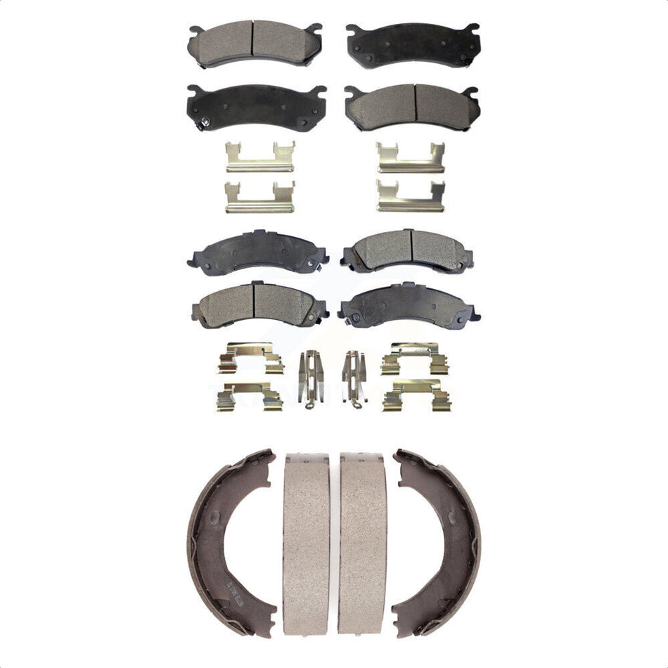 Front Rear Semi-Metallic Brake Pads And Parking Shoes Kit For 2006 GMC Sierra 1500 4 doors with Crew Cab Pickup Disc rear brakes With Dual Piston Caliper KFN-100667