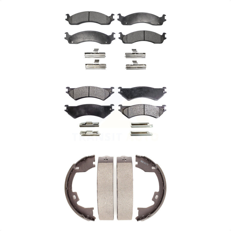 Front Rear Semi-Metallic Brake Pads And Parking Shoes Kit For Ford E-350 Super Duty E-250 Club Wagon KFN-100709