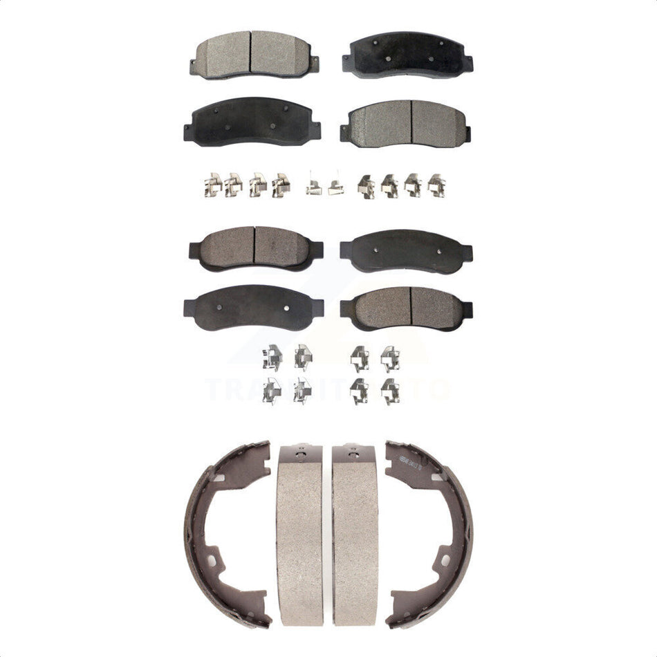 Front Rear Semi-Metallic Brake Pads And Parking Shoes Kit For 2005-2007 Ford F-350 Super Duty With Dual Wheels KFN-100715