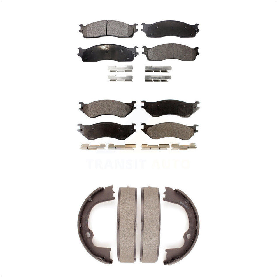 Front Rear Semi-Metallic Brake Pads And Parking Shoes Kit For 2007 Dodge Ram 1500 Extended Crew Cab Pickup With 5 Lug Wheels KFN-100717