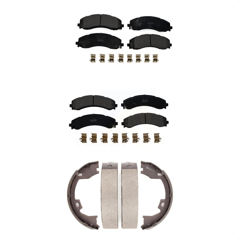 Front Rear Semi-Metallic Brake Pads & Parking Shoe Kit For Ram 3500 With Dual Wheels KFN-100828