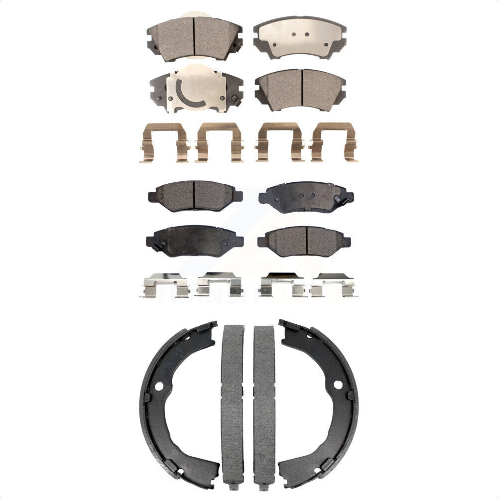 Front Rear Semi-Metallic Brake Pads Parking Shoe Kit For 2010-2015 Chevrolet Camaro LT LS KFN-100877