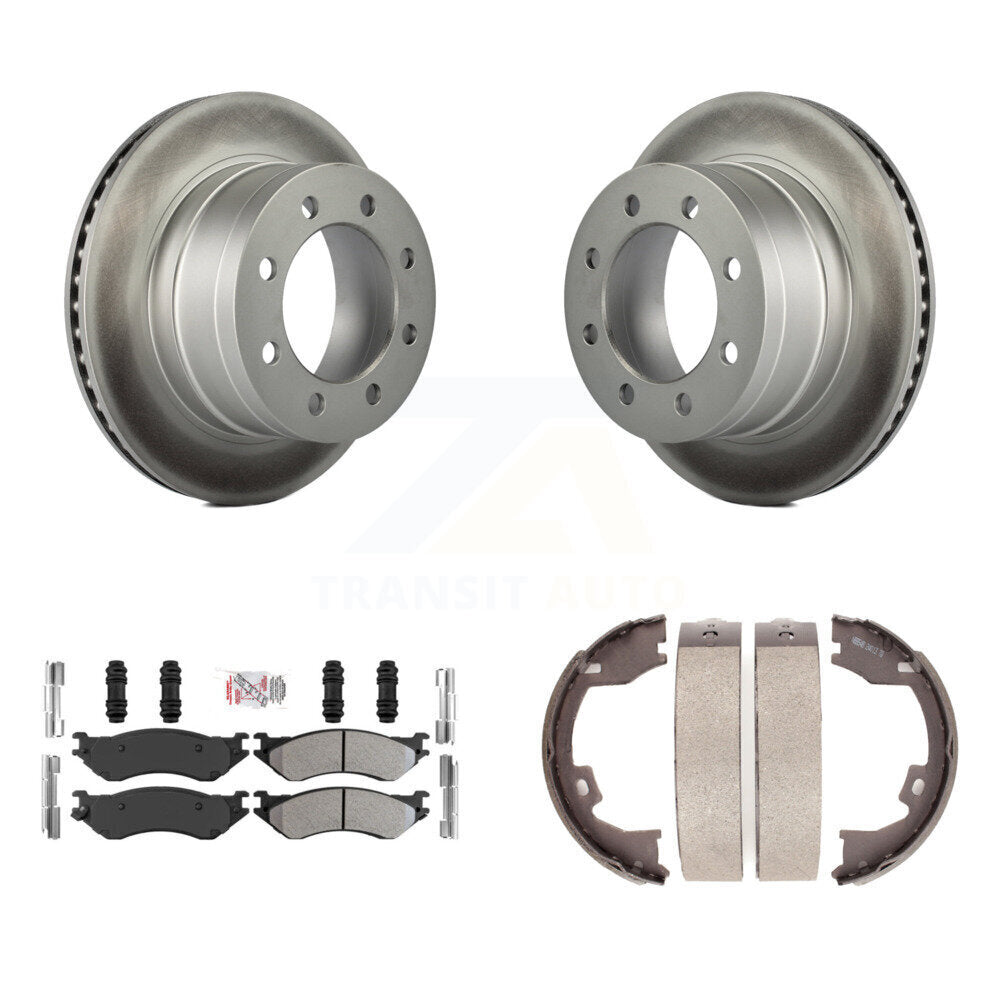 Rear Disc Coated Rotors Semi-Metallic Pads Parking Shoes Kit For Dodge Ram 1500 3500 2500 KGA-106497