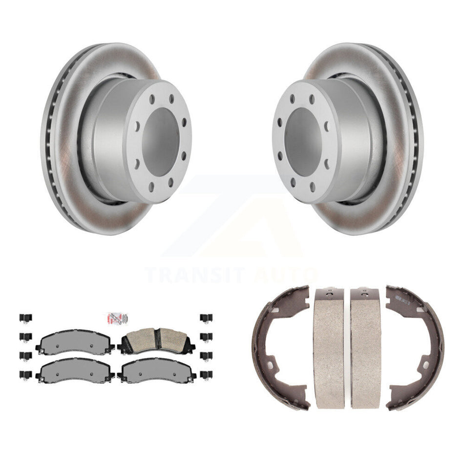 Rear Disc Coated Rotors Semi-Metallic Pads And Parking Brake Shoes Kit For Ram 2500 3500 KGA-106615