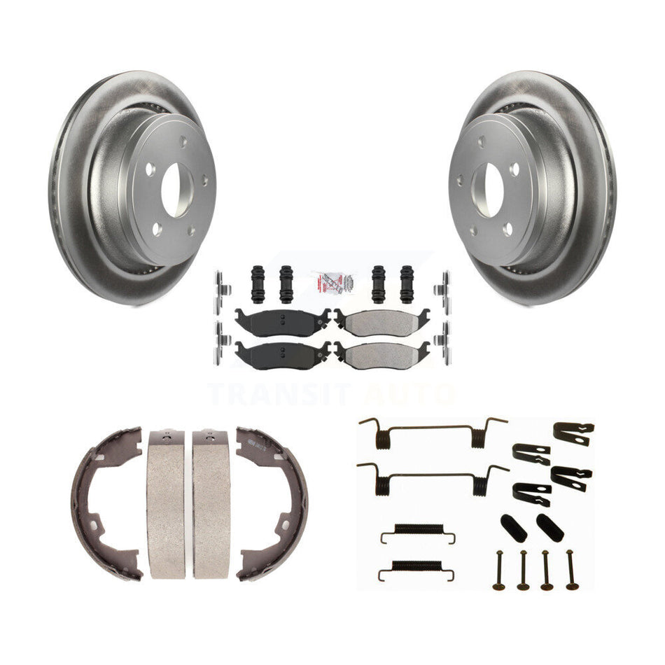 Rear Disc Coated Rotors Semi-Metallic Pads Parking Shoes Hardware Kit For Dodge Ram 1500 KGA-107120