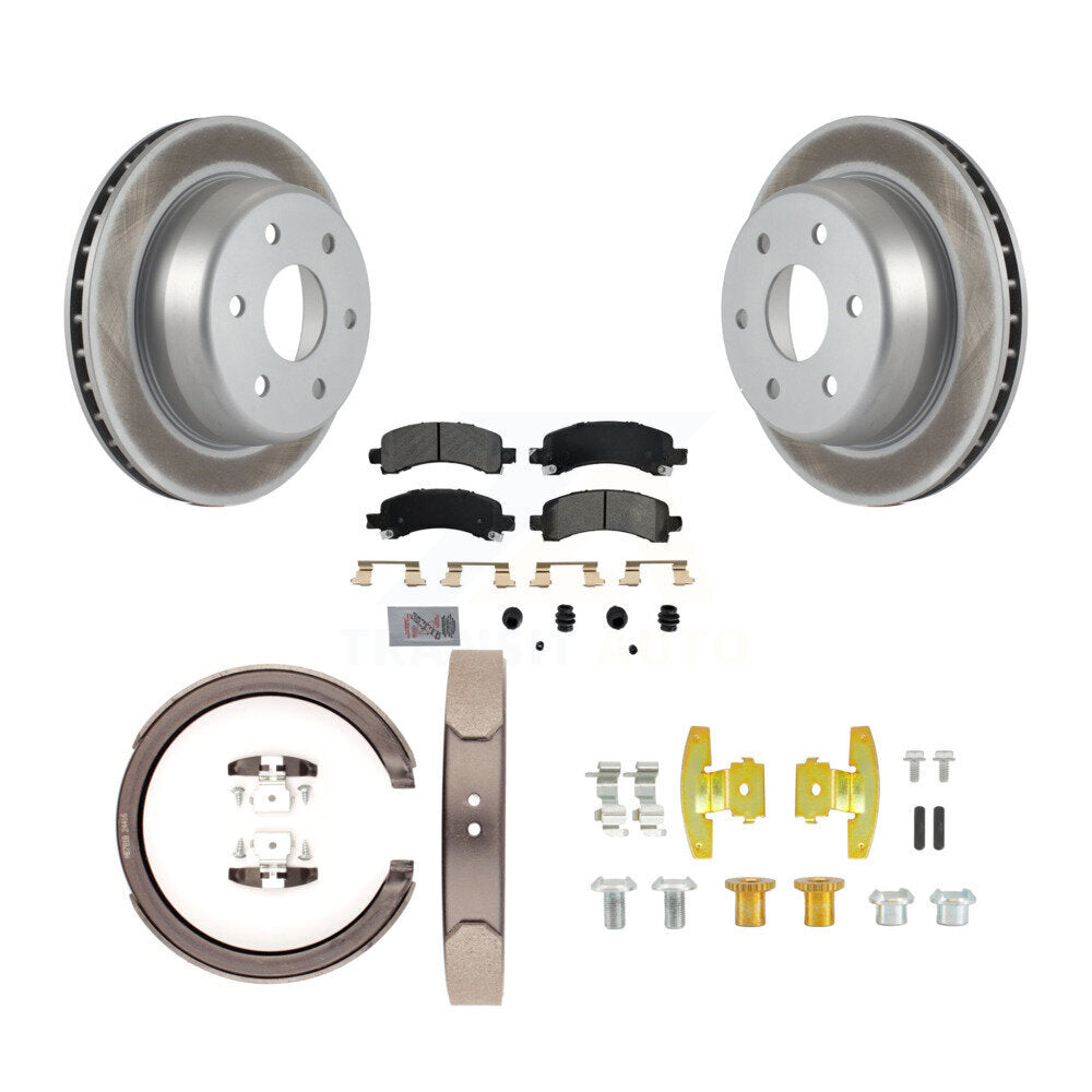 Rear Disc Coated Rotors Semi-Metallic Pads Parking Shoes & Hardware Kit For Chevrolet GMC KGA-107152