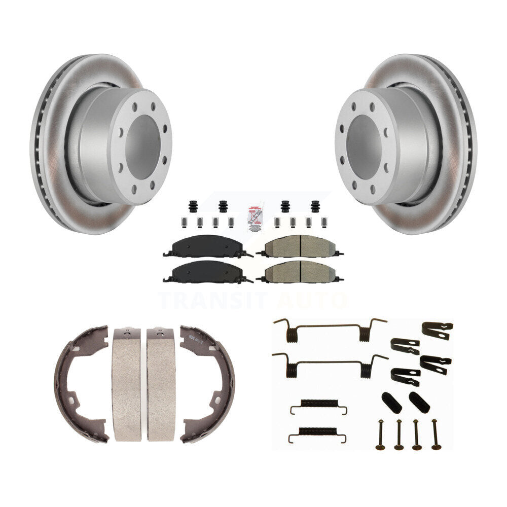 Rear Disc Coated Rotors Semi-Metallic Pads Parking Shoes & Hardware Kit For Ram 3500 2500 KGA-107234