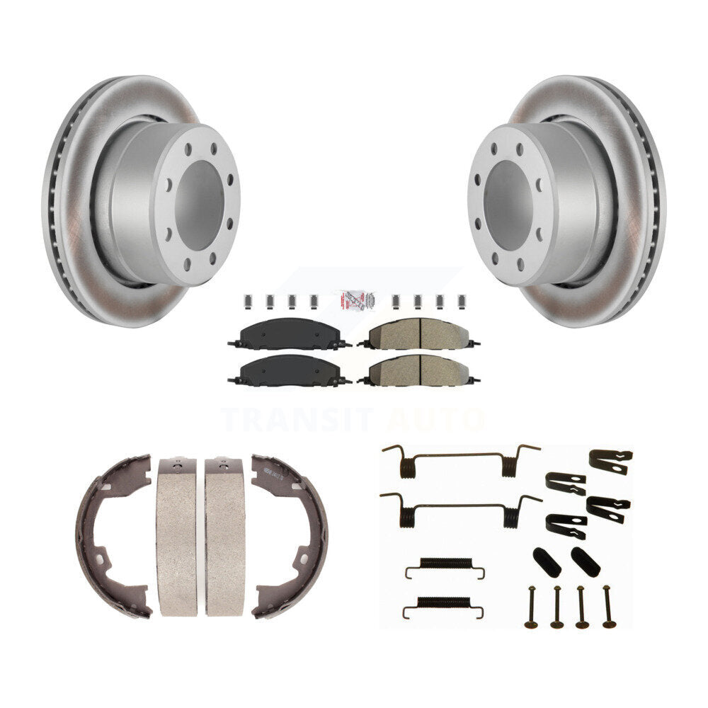 Rear Disc Coated Rotors Semi-Metallic Pads Parking Shoes & Hardware Kit For Ram 3500 2500 KGA-107235