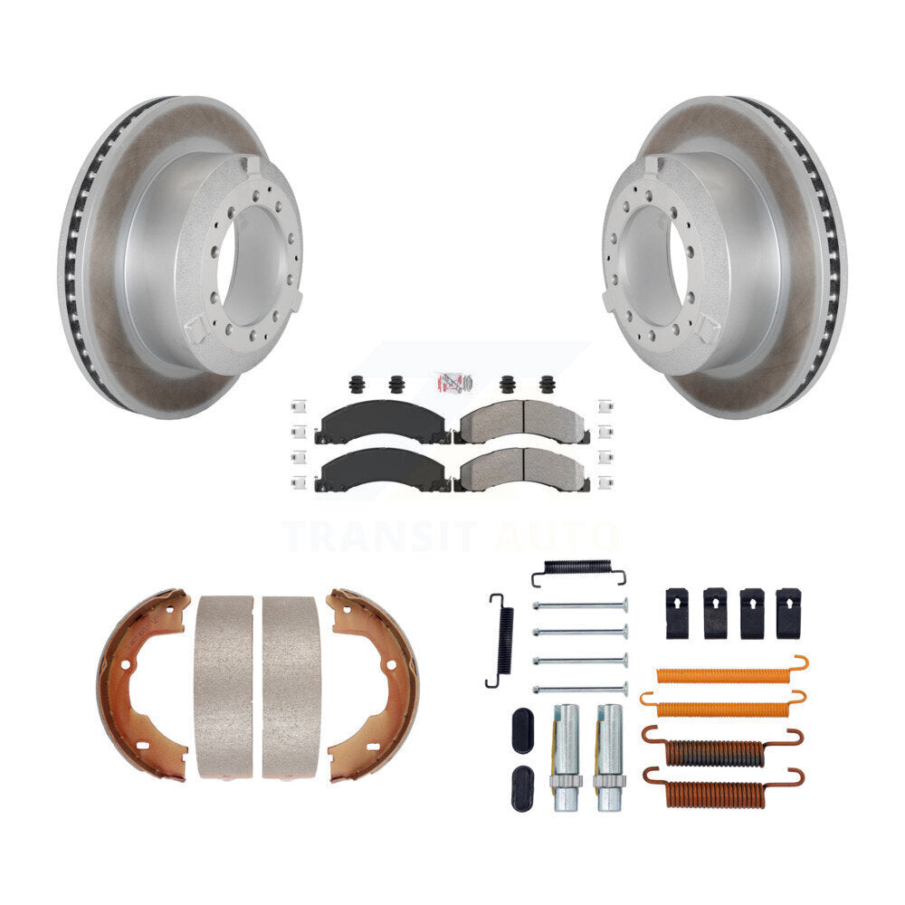 Rear Disc Coated Rotors Semi-Metallic Pads Parking Shoes Hardware Kit For Ram Dodge Truck KGA-107290