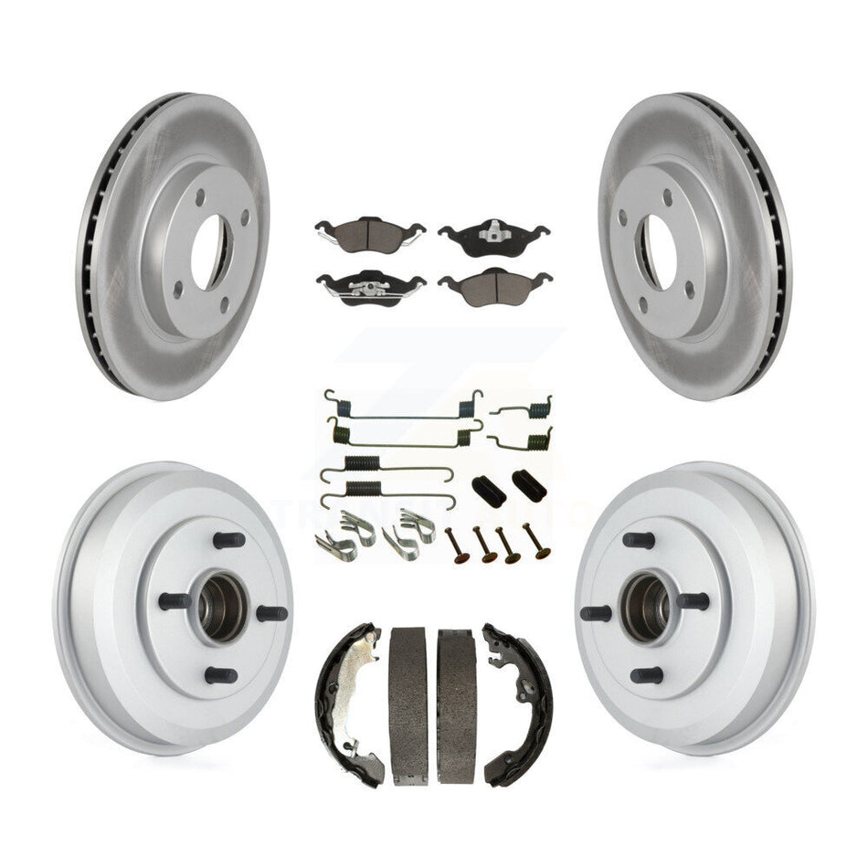 Front Rear Coated Disc Brake Rotors Ceramic Pads And Drum Kit (7Pc) For Ford Focus Wheel Bearing Includes KGC-101924