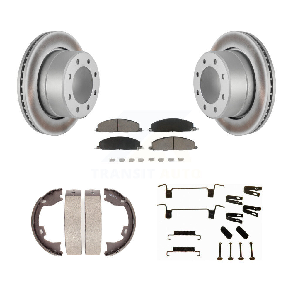 Rear Disc Coated Rotors Ceramic Pads Parking Shoes & Hardware Kit For Ram 3500 2500 Dodge KGC-103517
