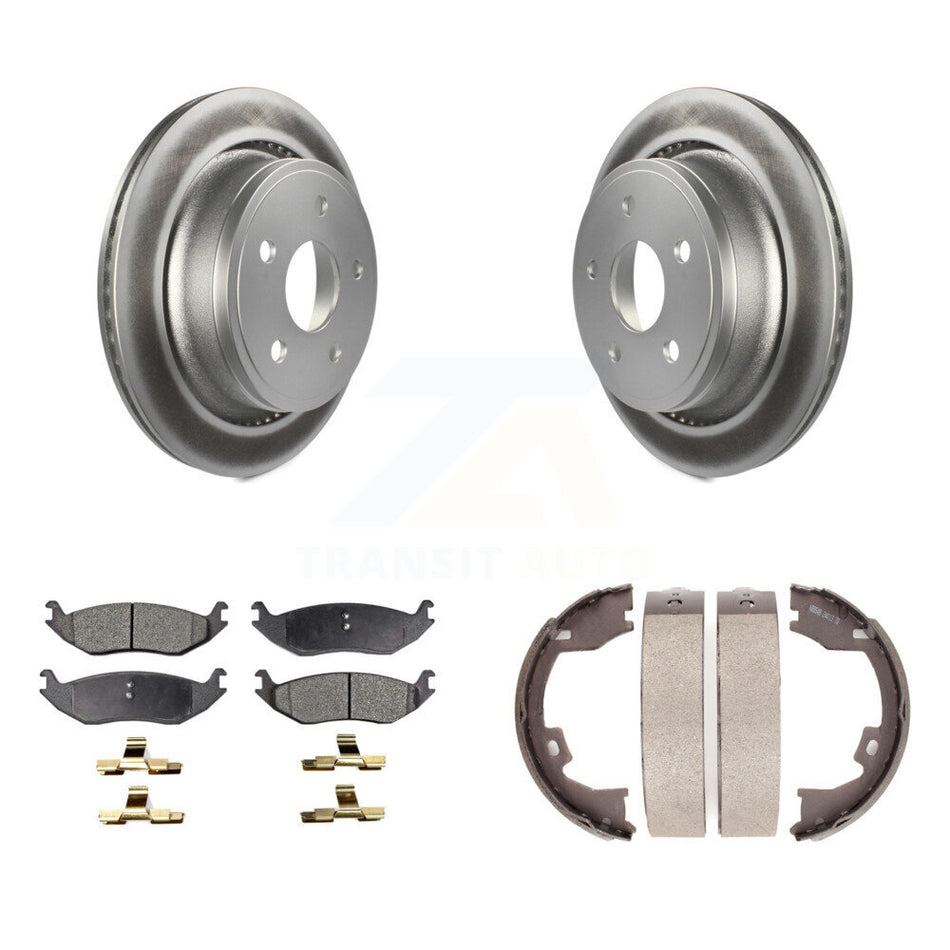 Rear Disc Coated Rotors Semi-Metallic Pads And Parking Brake Shoes Kit For Dodge Ram 1500 KGF-103512