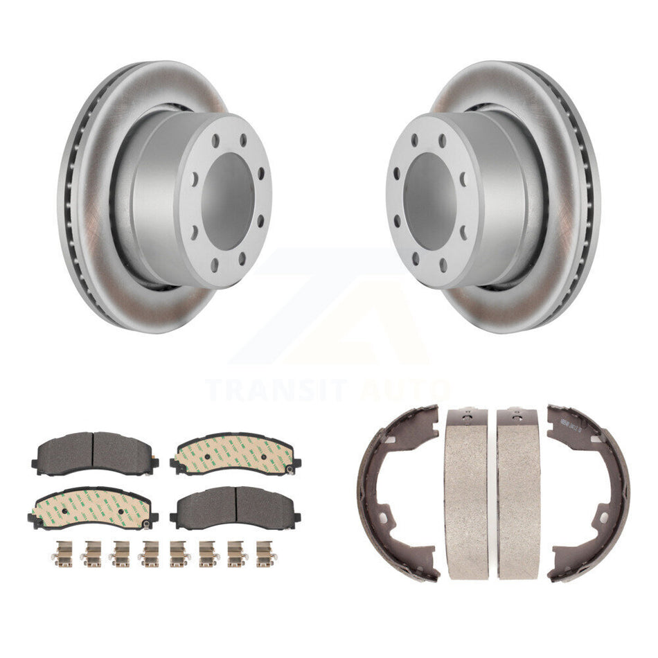 Rear Disc Coated Rotors Semi-Metallic Pads And Parking Brake Shoes Kit For Ram 2500 3500 KGF-103565