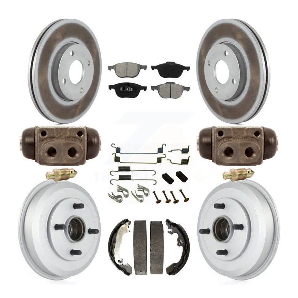 Front Rear Coated Disc Brake Rotors Semi-Metallic Pads And Drum Kit (9Pc) For 2005-2007 Ford Focus Wheel Bearing Includes KGS-101665