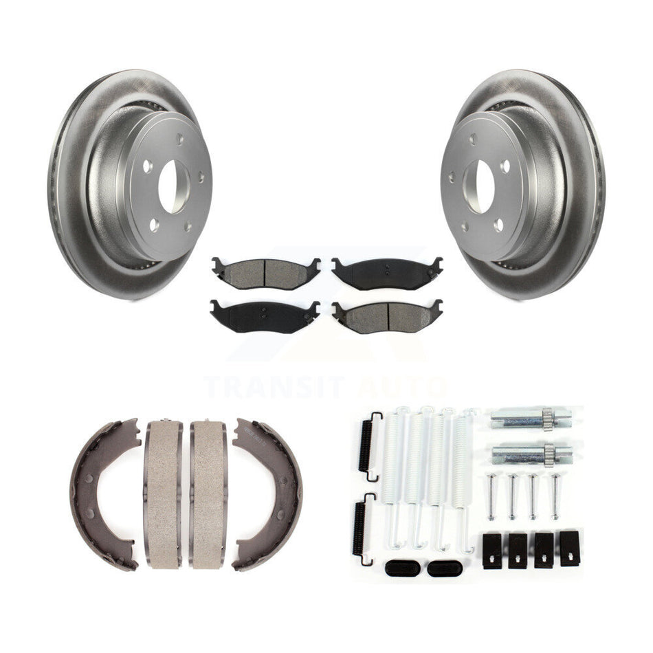 Rear Disc Coated Rotors Semi-Metallic Pads Parking Shoes Hardware Kit For Dodge Ram 1500 KGS-103353