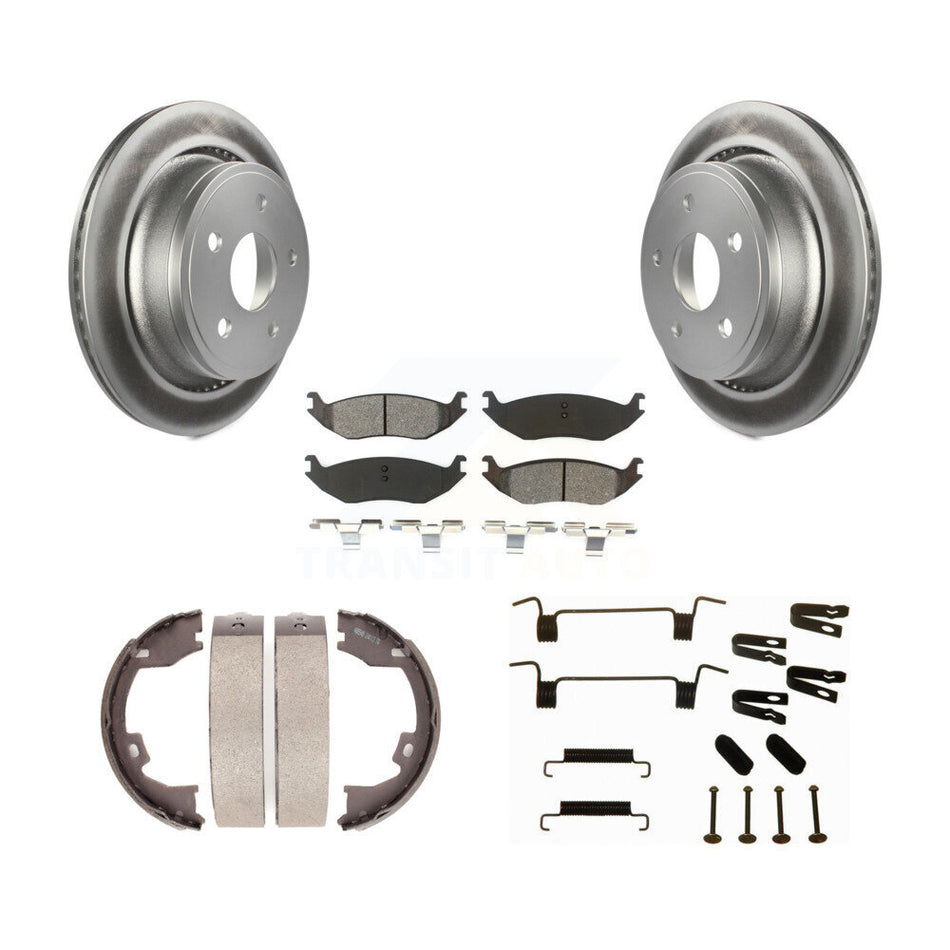Rear Disc Coated Rotors Semi-Metallic Pads Parking Shoes Hardware Kit For Dodge Ram 1500 KGS-103358