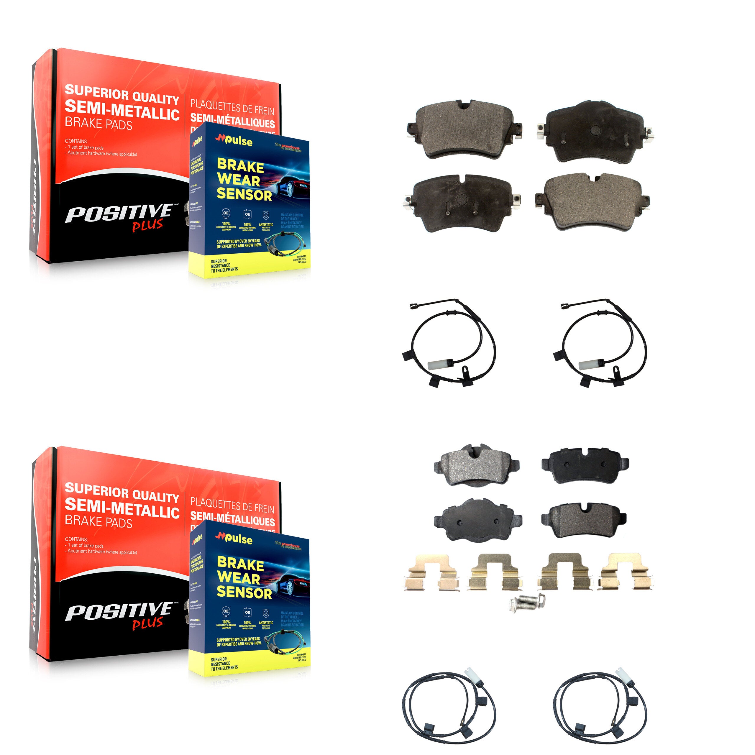 Front Rear Semi-Metallic Disc Brake Pads And Wear Sensors Kit For 2015 Mini Cooper 1.6L KPW-100247