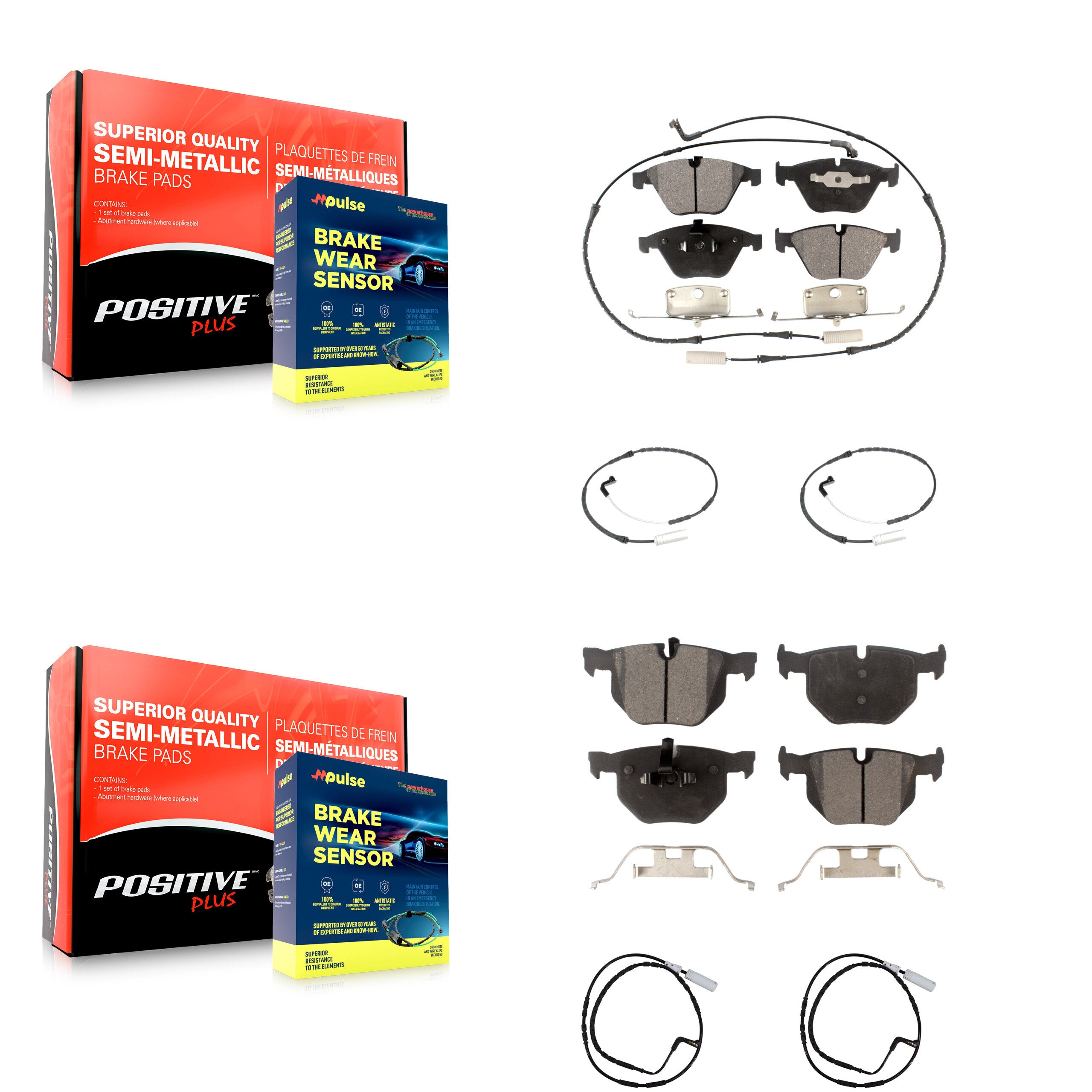 Front Rear Semi-Metallic Brake Pad & Extra Wear Sensor Kit For 09-10 BMW 335i xDrive 3.0L KPW-100277