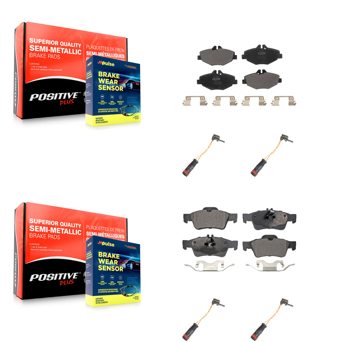 Front Rear Semi-Metallic Disc Brake Pads And Wear Sensors Kit For Mercedes-Benz E350 RWD KPW-100365