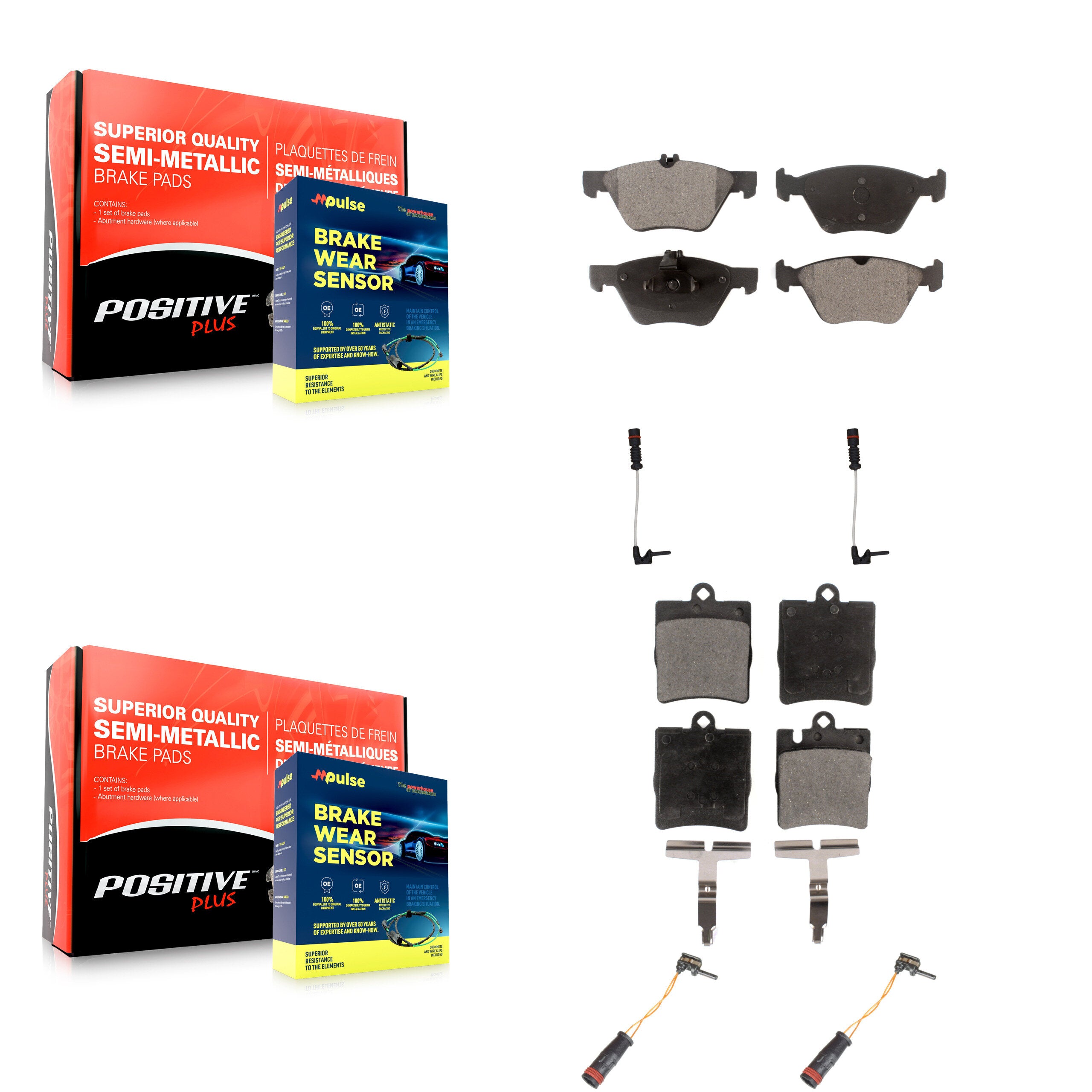 Front Rear Semi-Metallic Disc Brake Pads And Wear Sensors Kit For Mercedes-Benz CLK320 KPW-100367