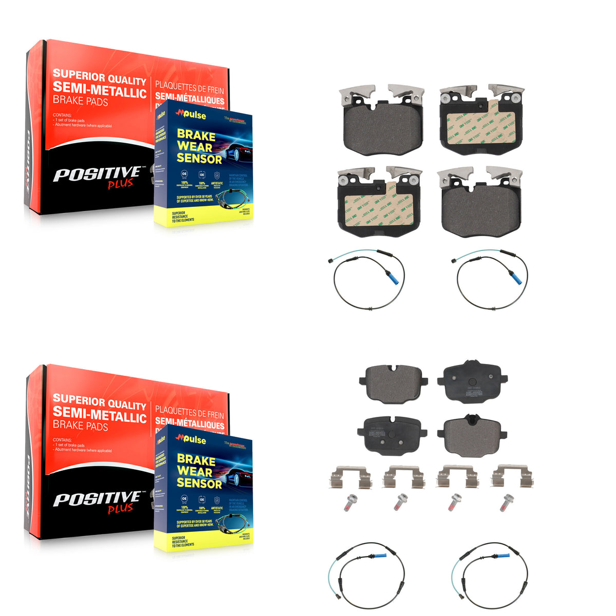 Front Rear Semi-Metallic Brake Pad And Wear Sensor Kit For BMW 530i xDrive 540i 750i 740e KPW-100394