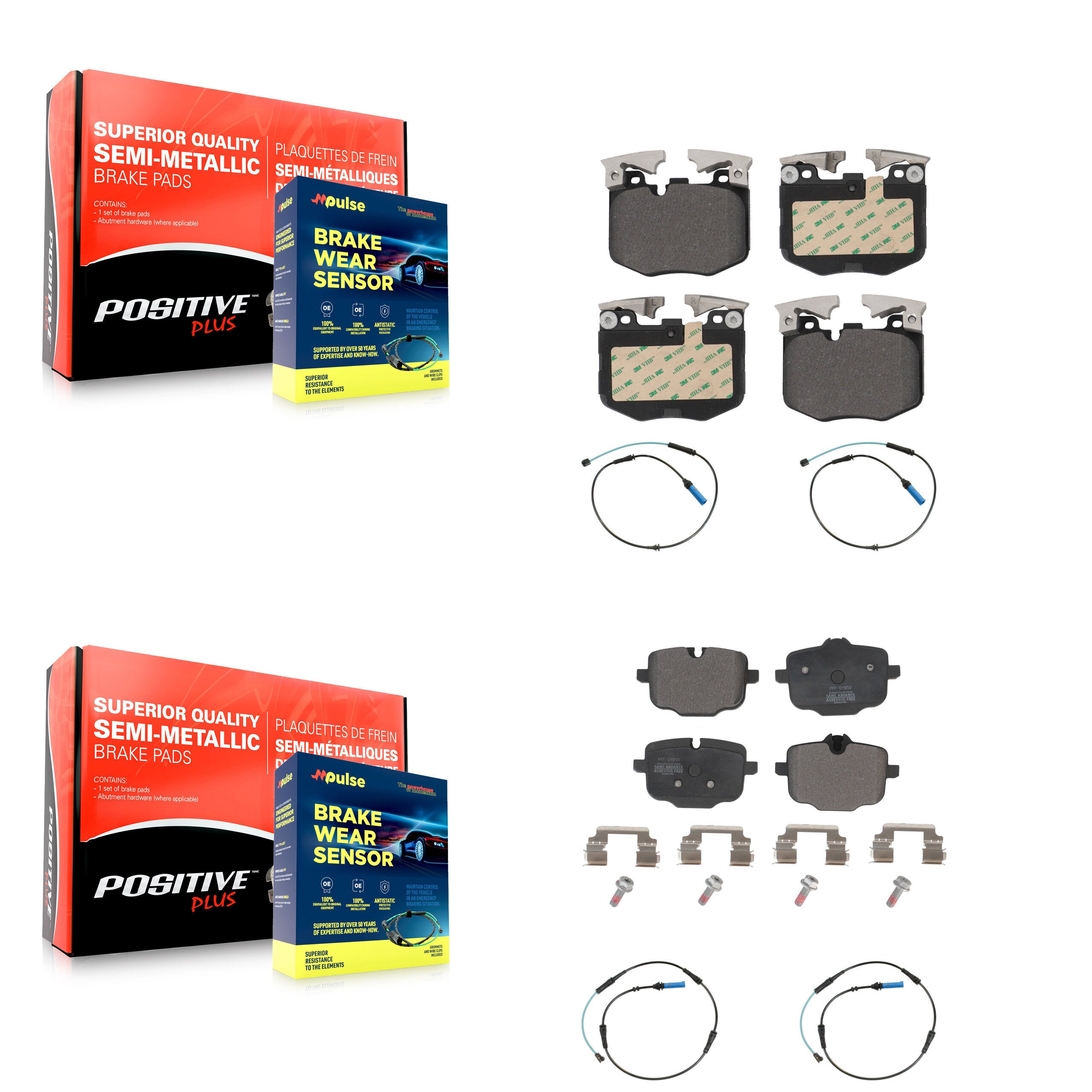 Front Rear Semi-Metallic Brake Pad And Wear Sensor Kit For BMW 530i xDrive 540i 750i 740e KPW-100394