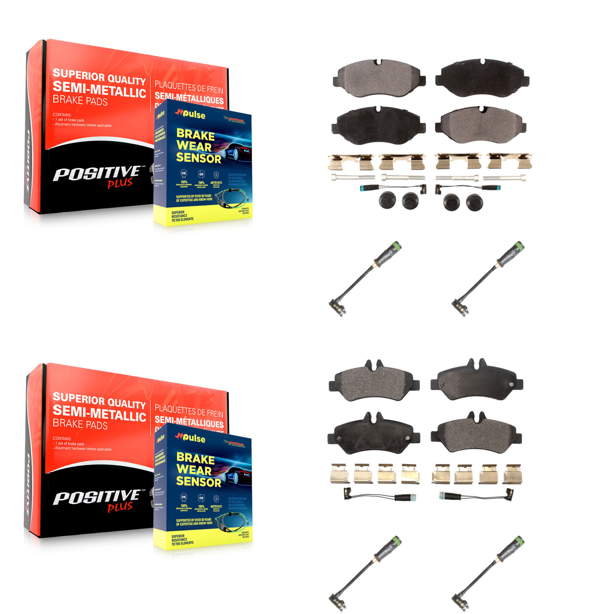 Front Rear Semi-Metallic Brake Pad & Extra Wear Sensor Kit For Freightliner Sprinter 2500 KPW-101269