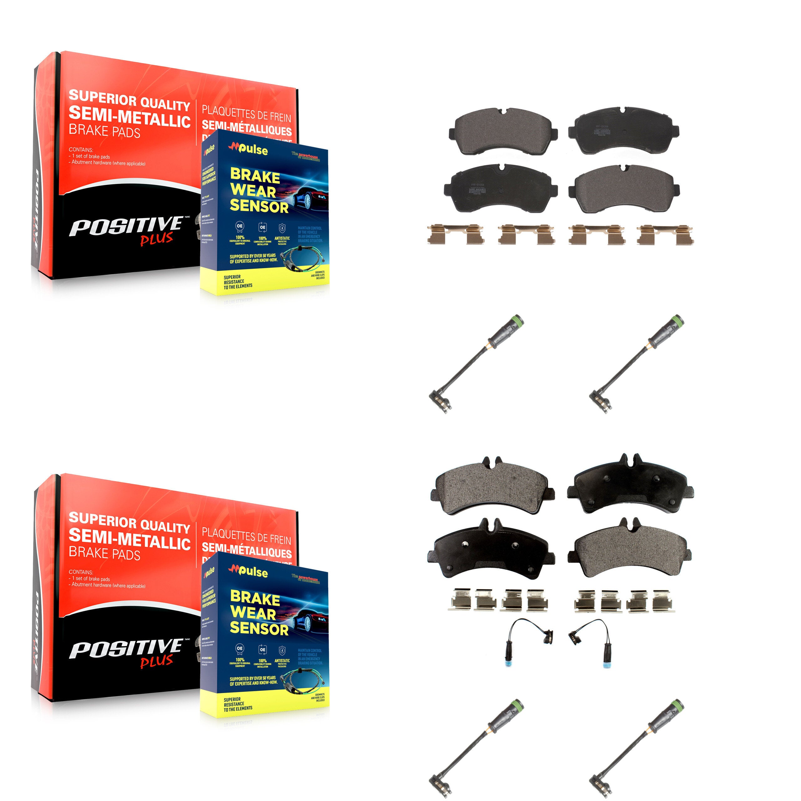 Front Rear Semi-Metallic Brake Pad & Extra Wear Sensor Kit For Freightliner Sprinter 3500 KPW-101270