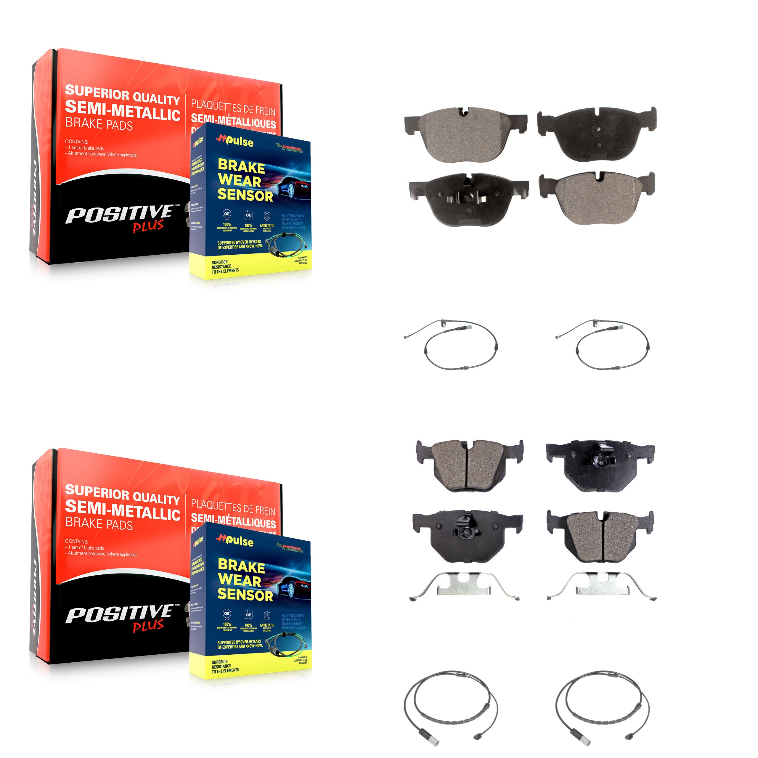 Front Rear Semi-Metallic Brake Pad & Wear Sensor Kit For 15-16 BMW X5 xDrive35d with 3.0L KPW-101490