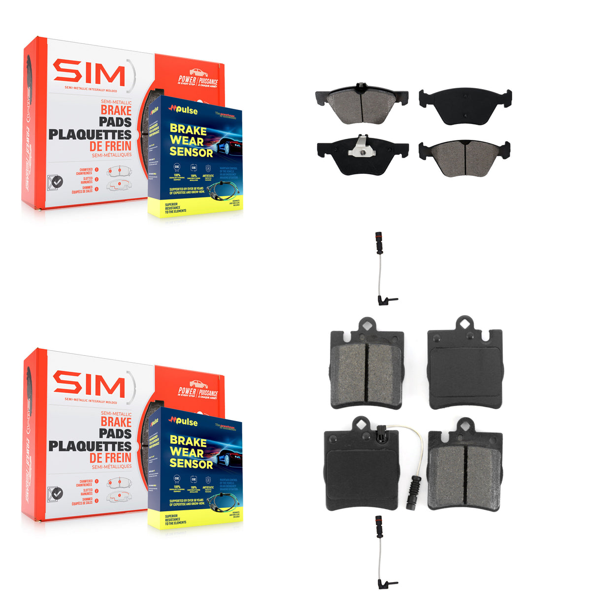 Front Rear Semi-Metallic Brake Pads & Extra Wear Sensor Kit For Mercedes-Benz E320 CLK320 KSW-100020