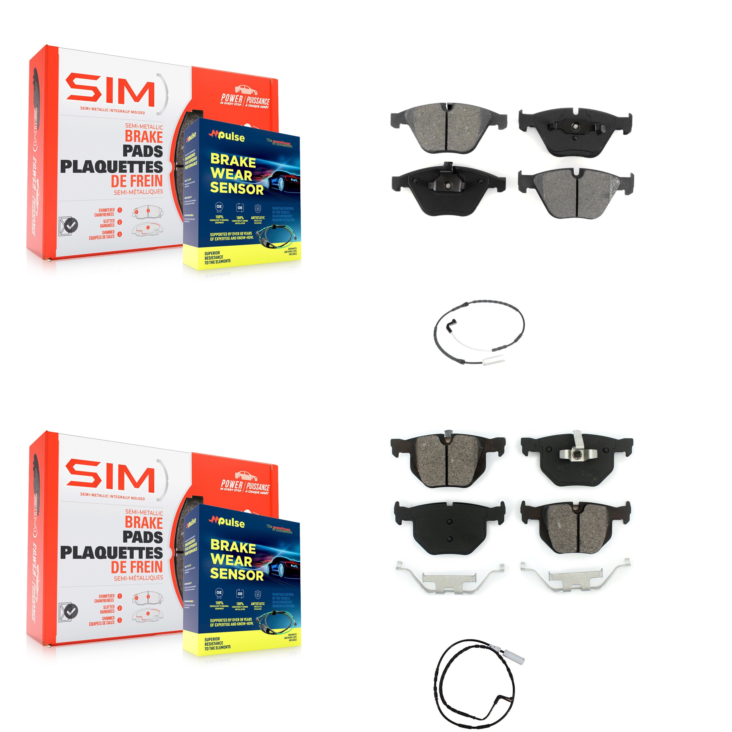 Front Rear Semi-Metallic Brake Pad And Wear Sensor Kit For 2009-2010 BMW 335i xDrive 3.0L KSW-100095