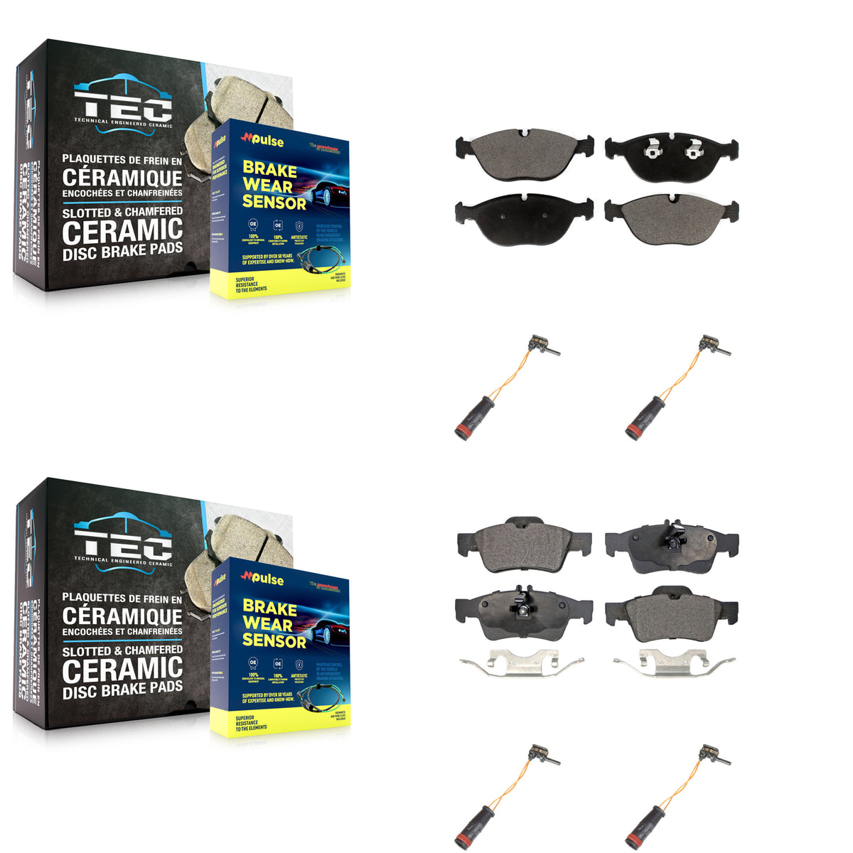 Front Rear Ceramic Disc Brake Pads And Wear Sensors Kit For 2006 Mercedes-Benz E350 AWD KTW-100623