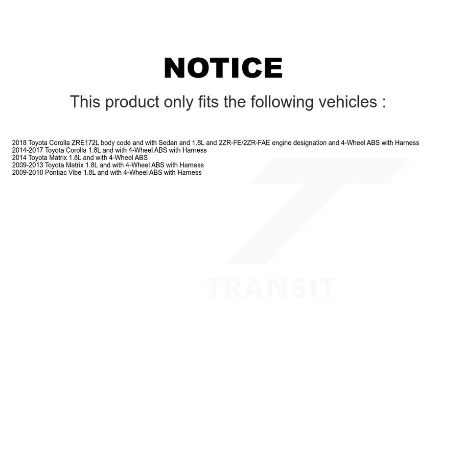 Front Wheel Bearing Sensor Kit For 09-10 Pontiac Vibe 1.8L with 4-Wheel ABS Harness K7S-102510