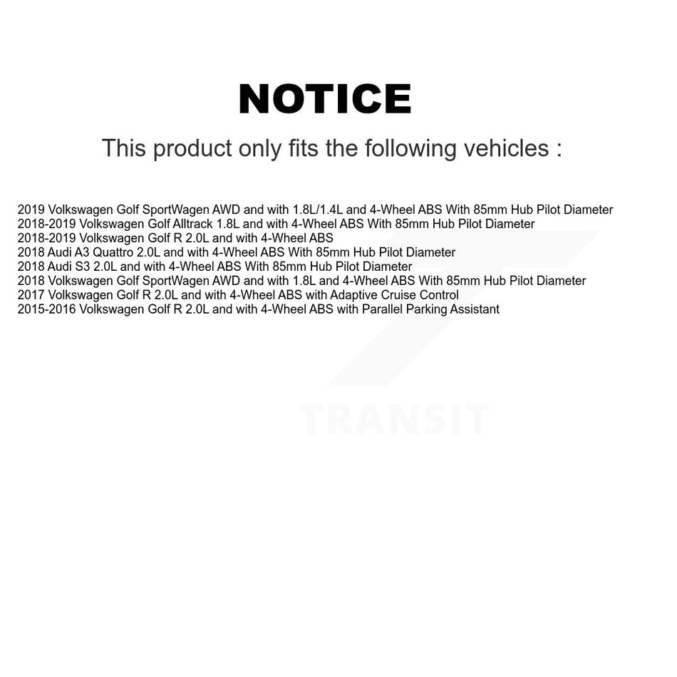 Front Rear Wheel Hub Bearing & Sensor Kit (8Pc) For Volkswagen Golf SportWagen R Alltrack K7S-102801