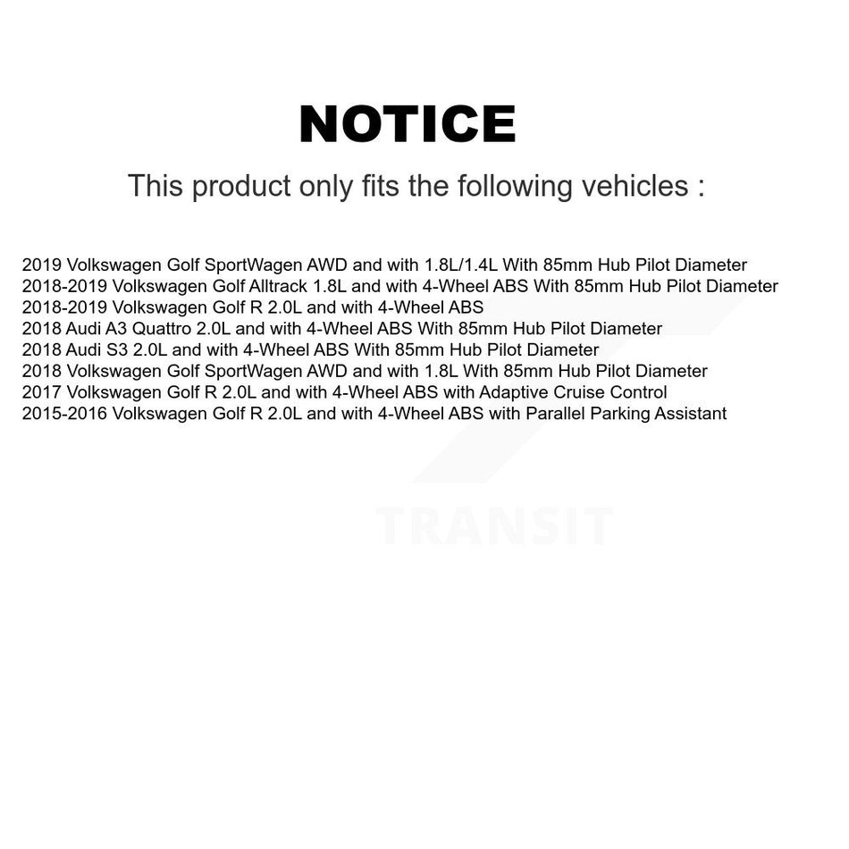 Front Rear Wheel Hub Bearing & Sensor Kit (8Pc) For Volkswagen Golf SportWagen R Alltrack K7S-102801