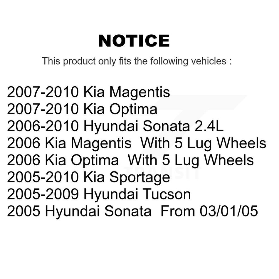 Front Wheel Bearing With Coated Disc Brake Rotors And Semi-Metallic Pads Kit For Hyundai Sonata Kia Sportage Tucson Optima Magentis KBB-101604
