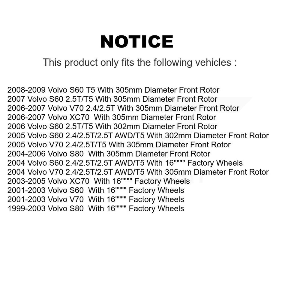 Front Hub Bearing Assembly With Coated Disc Brake Rotors And Semi-Metallic Pads Kit For Volvo S60 V70 XC70 S80 KBB-103526