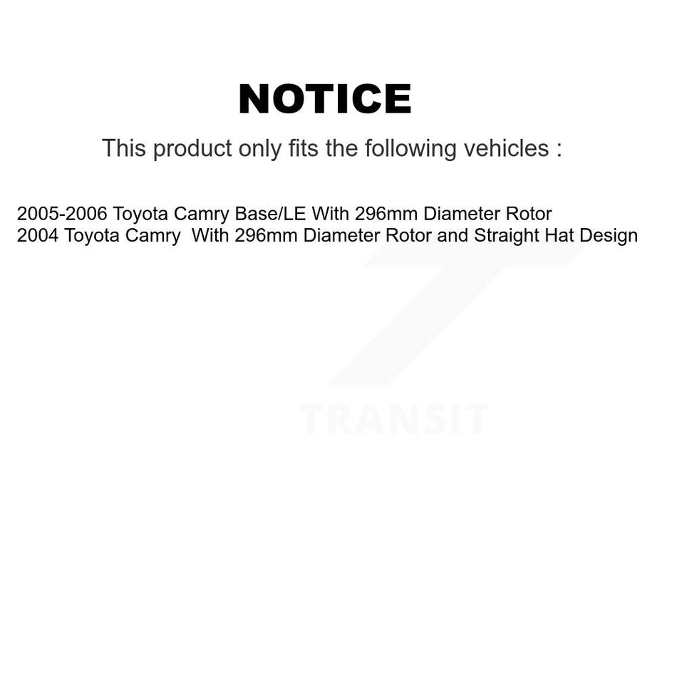Front Wheel Bearing With Coated Disc Brake Rotors And Ceramic Pads Kit For 2004 Toyota Camry Straight Hat Design 296mm Diameter Rotor KBB-118340