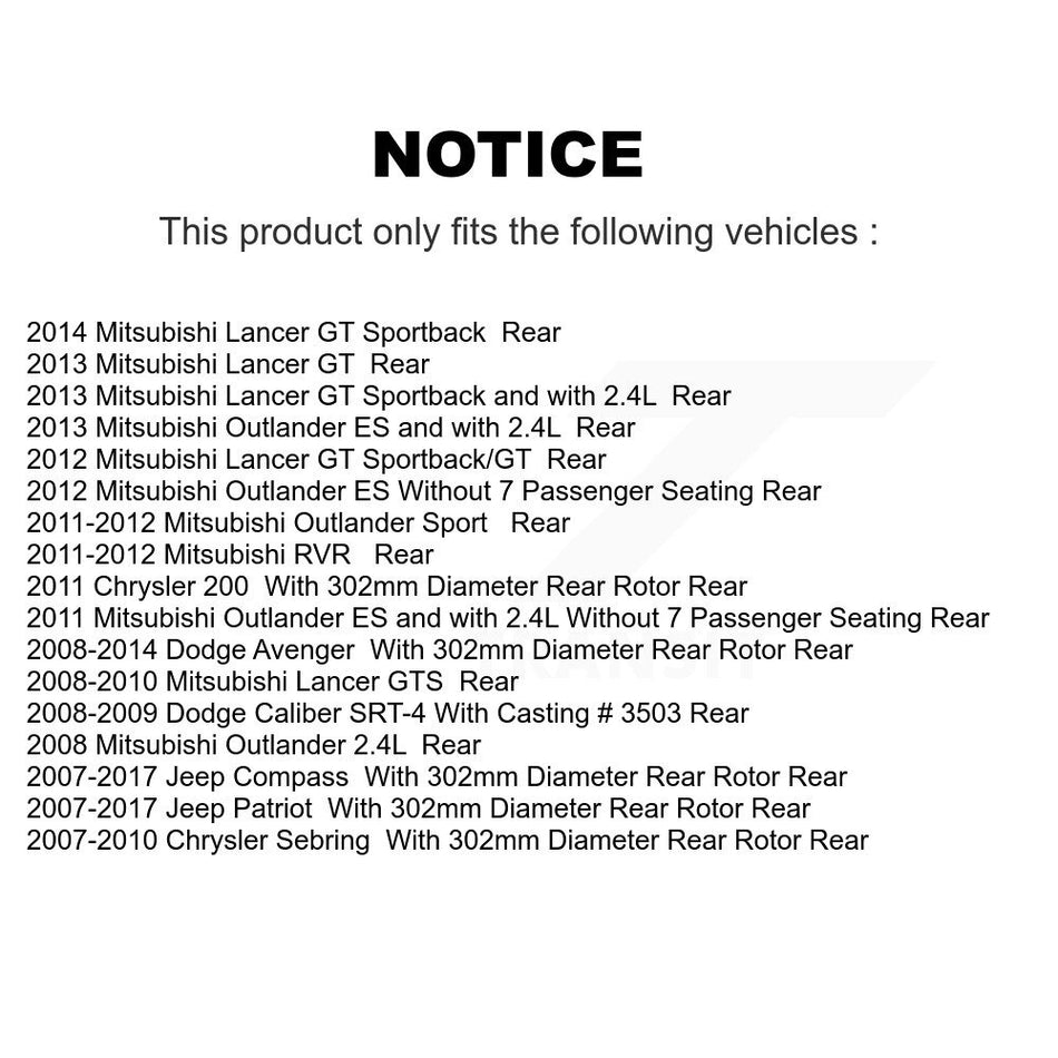 Rear Disc Brake Caliper Coated Rotors And Ceramic Pads Kit For Jeep Patriot Dodge Compass Avenger Chrysler Sebring Mitsubishi Lancer Caliber 200 Outlander Sport RVR KCG-100032T