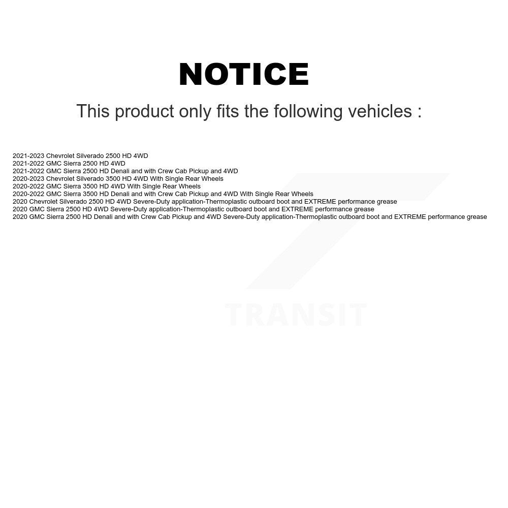 Front CV Axle Drive Shaft And Bearing Kit For Chevrolet GMC Silverado 2500 HD Sierra 3500 KN7-100441
