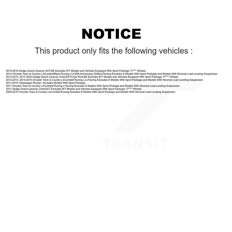 Front Complete Shock Assembly And TOR Link Kit For Dodge Grand Caravan Chrysler Town & Country Volkswagen Routan Ram C/V EXCLUDES MODELS WITH NIVOMAT REAR SUSPENSION KSS-100536