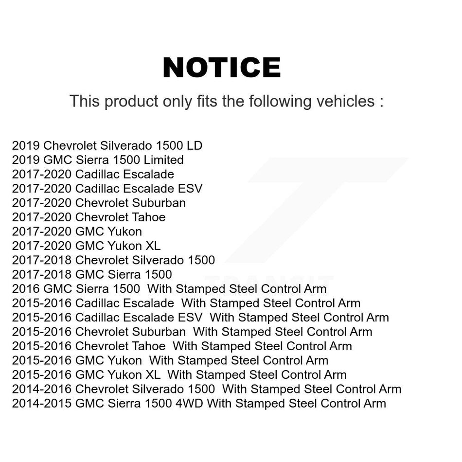 Front Suspension Control Arm And Ball Joint Assembly Kit For Chevrolet Silverado 1500 GMC Sierra Tahoe Suburban Yukon Cadillac XL Escalade ESV LD Limited With Aluminum Steering Knuckles KTR-104133