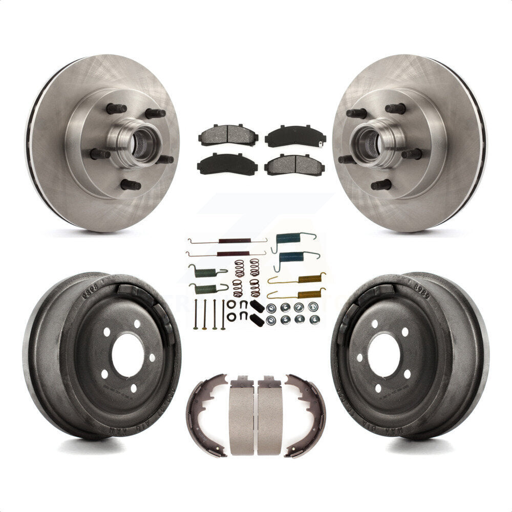 Front Rear Disc Brake Rotors Hub Assembly Semi-Metallic Pads And Drum Kit (7Pc) For 1998-1999 Mazda B4000 RWD with 4-Wheel ABS With 10" Diameter K8S-102204 by Transit Auto