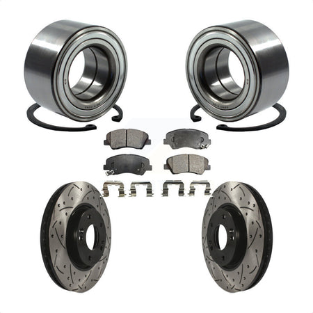 Front Wheel Bearing With Coated Drilled Slotted Disc Brake Rotors And Semi-Metallic Pads Kit For 2015 Hyundai Veloster Tech RE FLEX SE KBB-101026 by Transit Auto