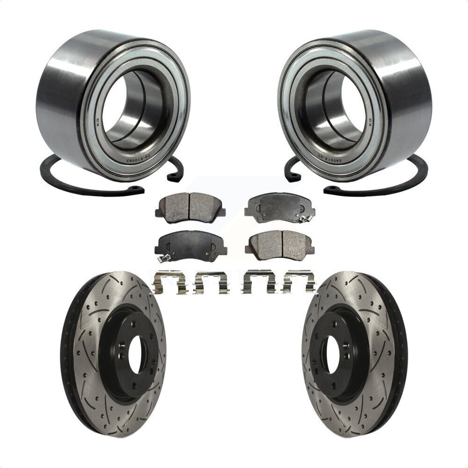 Front Wheel Bearing With Coated Drilled Slotted Disc Brake Rotors And Semi-Metallic Pads Kit For 2015 Hyundai Veloster Tech RE FLEX SE KBB-101026 by Transit Auto