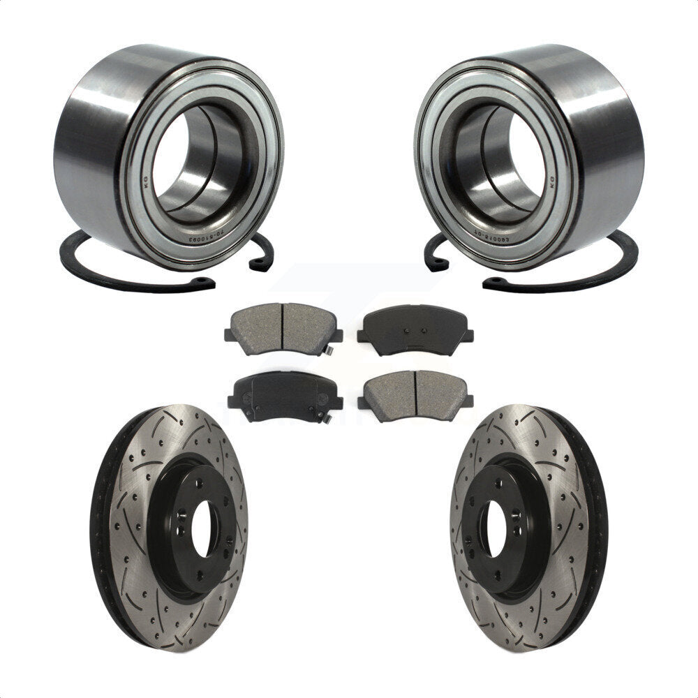 Front Wheel Bearing With Coated Drilled Slotted Disc Brake Rotors And Semi-Metallic Pads Kit For 2015 Hyundai Veloster Tech RE FLEX SE KBB-101120 by Transit Auto