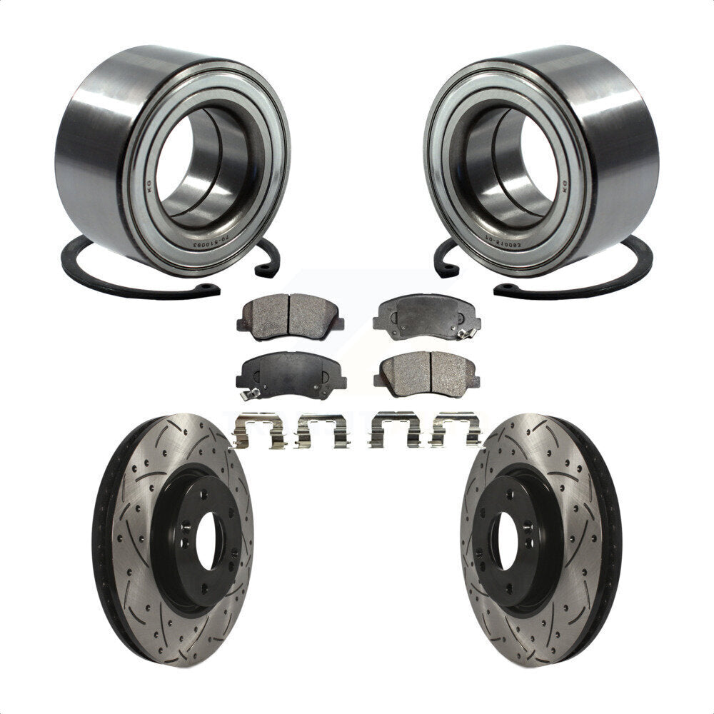 Front Wheel Bearing With Coated Drilled Slotted Disc Brake Rotors And Ceramic Pads Kit For 2015 Hyundai Veloster Tech RE FLEX SE KBB-101208 by Transit Auto