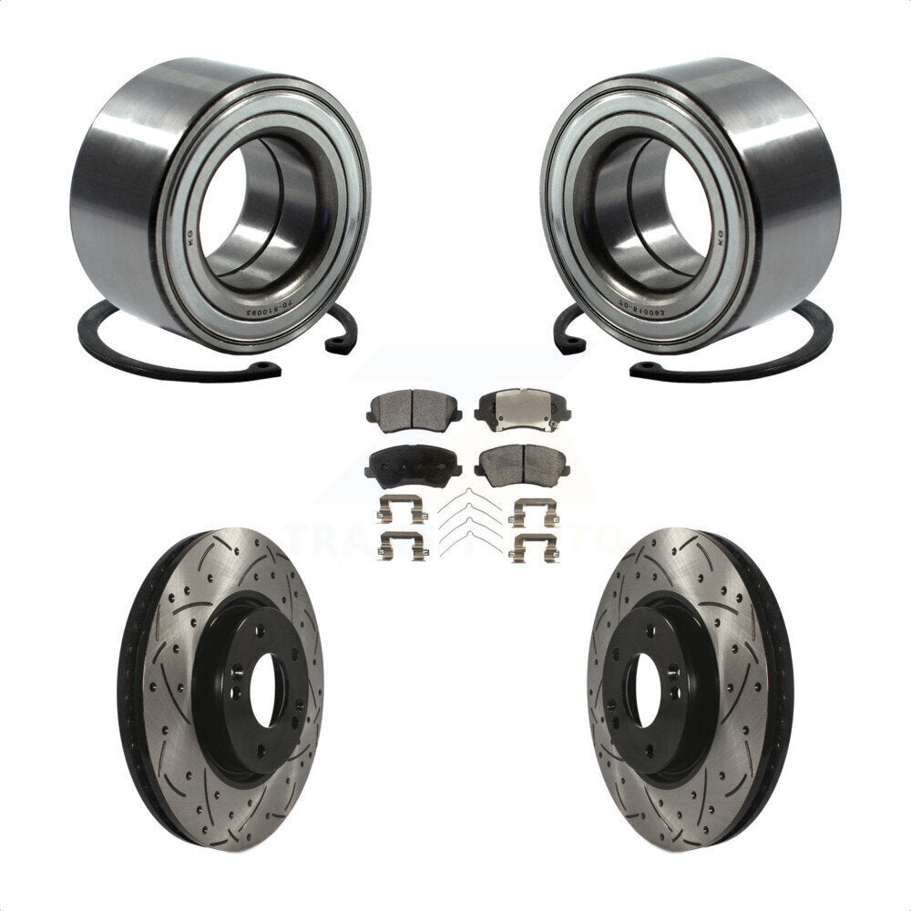 Front Wheel Bearing With Coated Drilled Slotted Disc Brake Rotors And Ceramic Pads Kit For 2016 Hyundai Veloster Tech SE KBB-101211 by Transit Auto