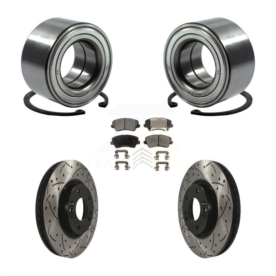 Front Wheel Bearing With Coated Drilled Slotted Disc Brake Rotors And Ceramic Pads Kit For 2016 Hyundai Veloster Tech SE KBB-101211 by Transit Auto